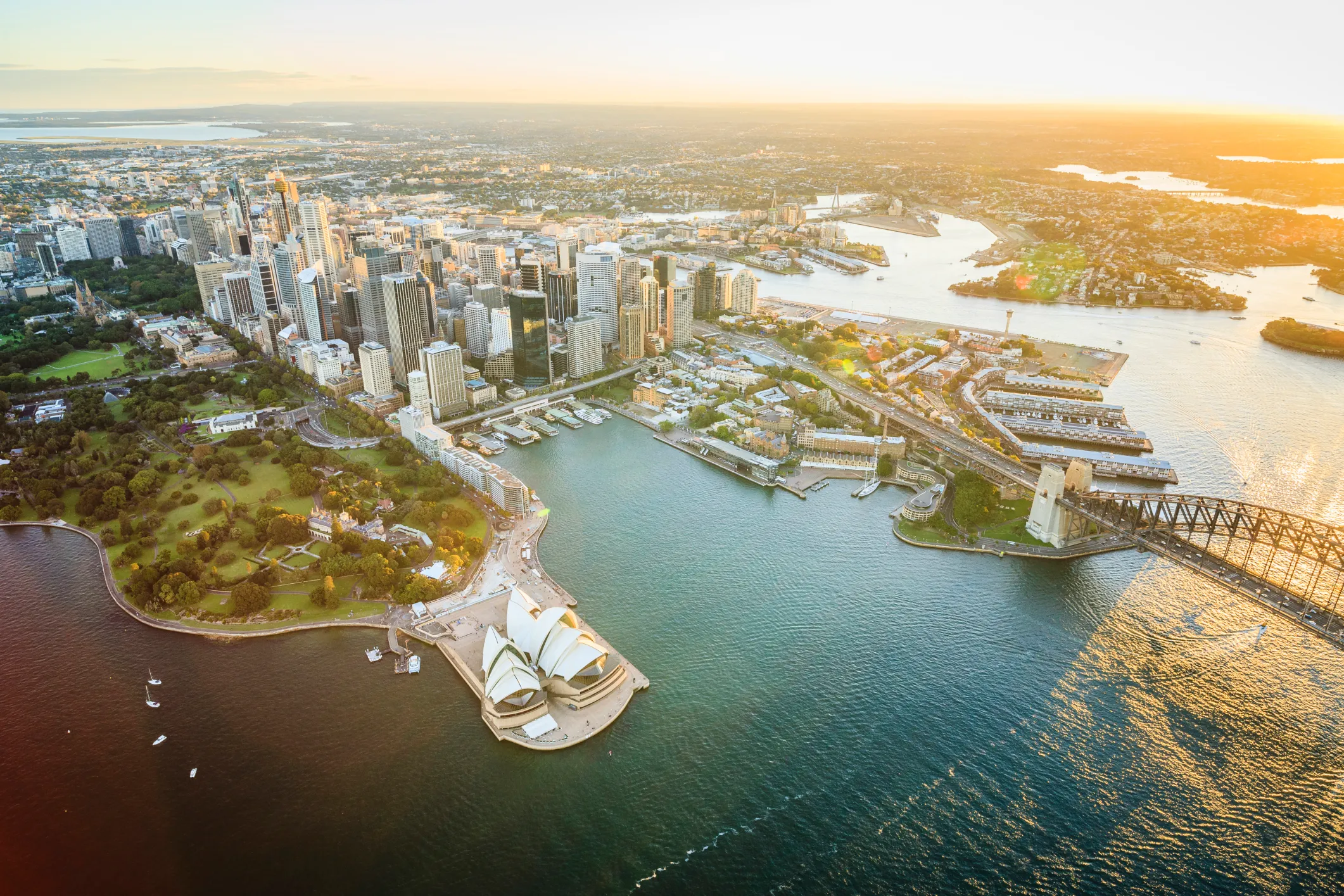 Sydney harbour from the air at golden hour